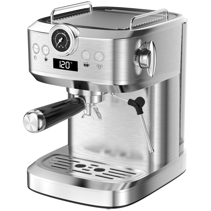Front view of GOKIA® SIEBTRÄGER espresso machine showcasing its sleek design and ergonomic handle.