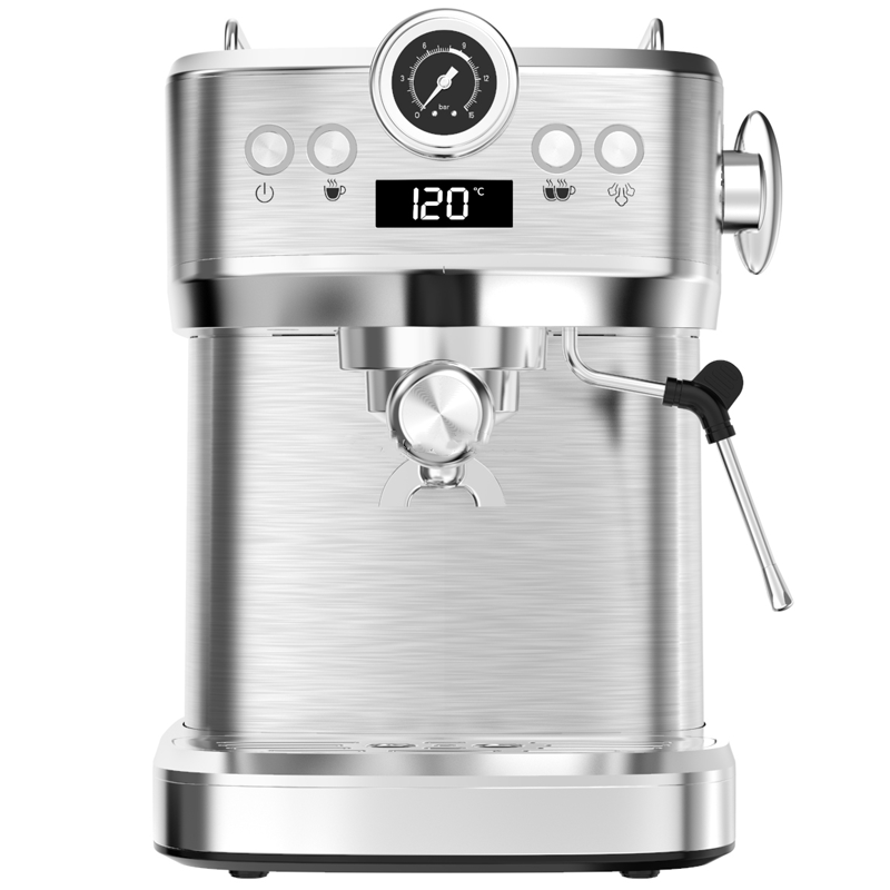 GOKIA SIEBTRÄGER ESPRESSOMASCHINE in front view, showcasing sleek design and brewing group for espresso preparation.