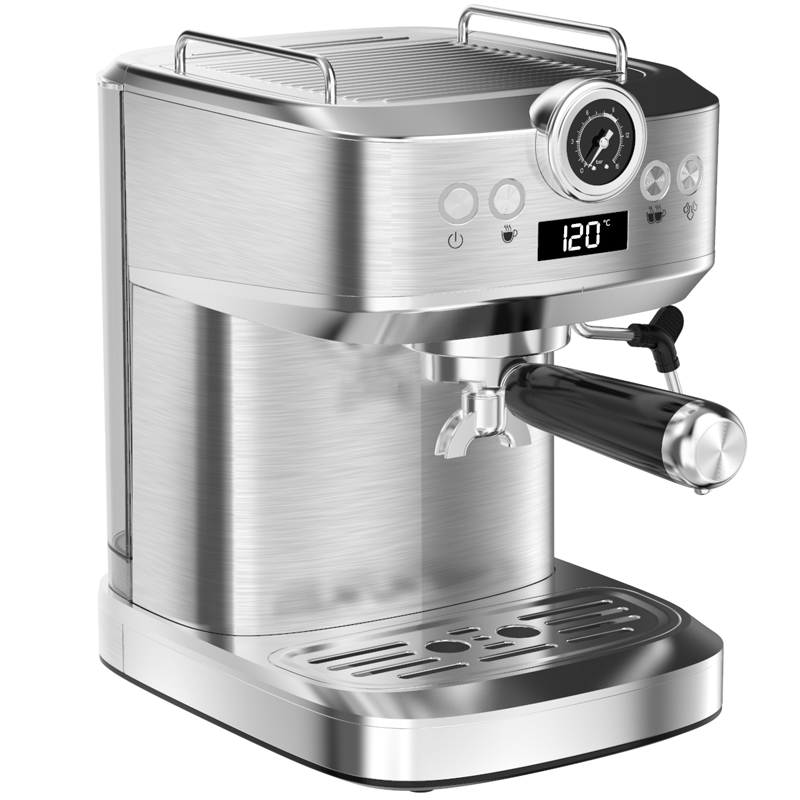 GOKIA® Siebträger Espressomaschine in seitlicher Ansicht, showcasing its sleek design and professional features.