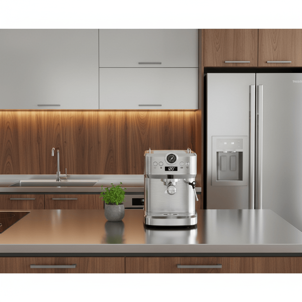 GOKIA SIEBTRÄGER ESPRESSOMASCHINE with sleek design and stainless steel finish on a kitchen countertop.