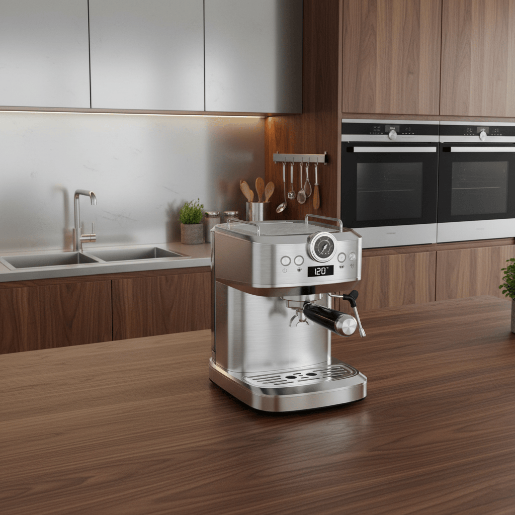 GOKIA® Siebträger Espressomaschine with sleek design and stainless steel finish, showcasing portafilter and control panel.